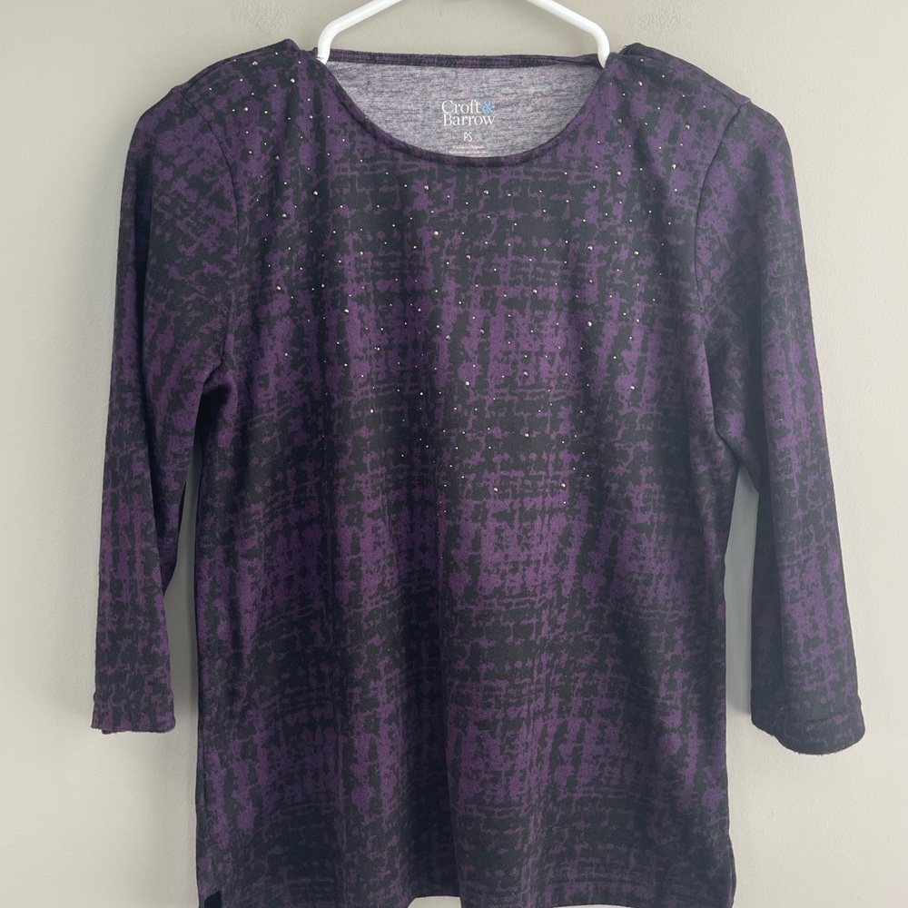 Croft & Barrow Purple/Black 3/4 Sleeve Top w/Rhinestones PS